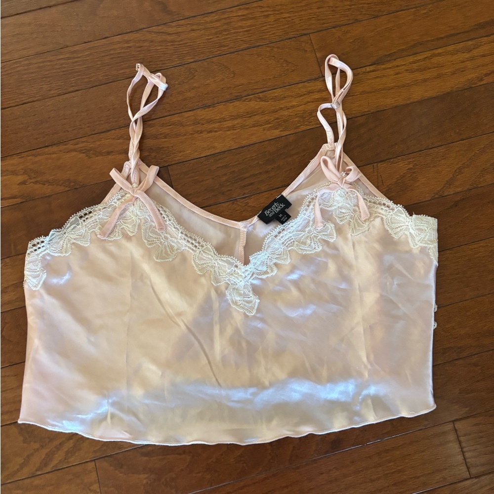 Pink lace bow silk slip cropped going out top